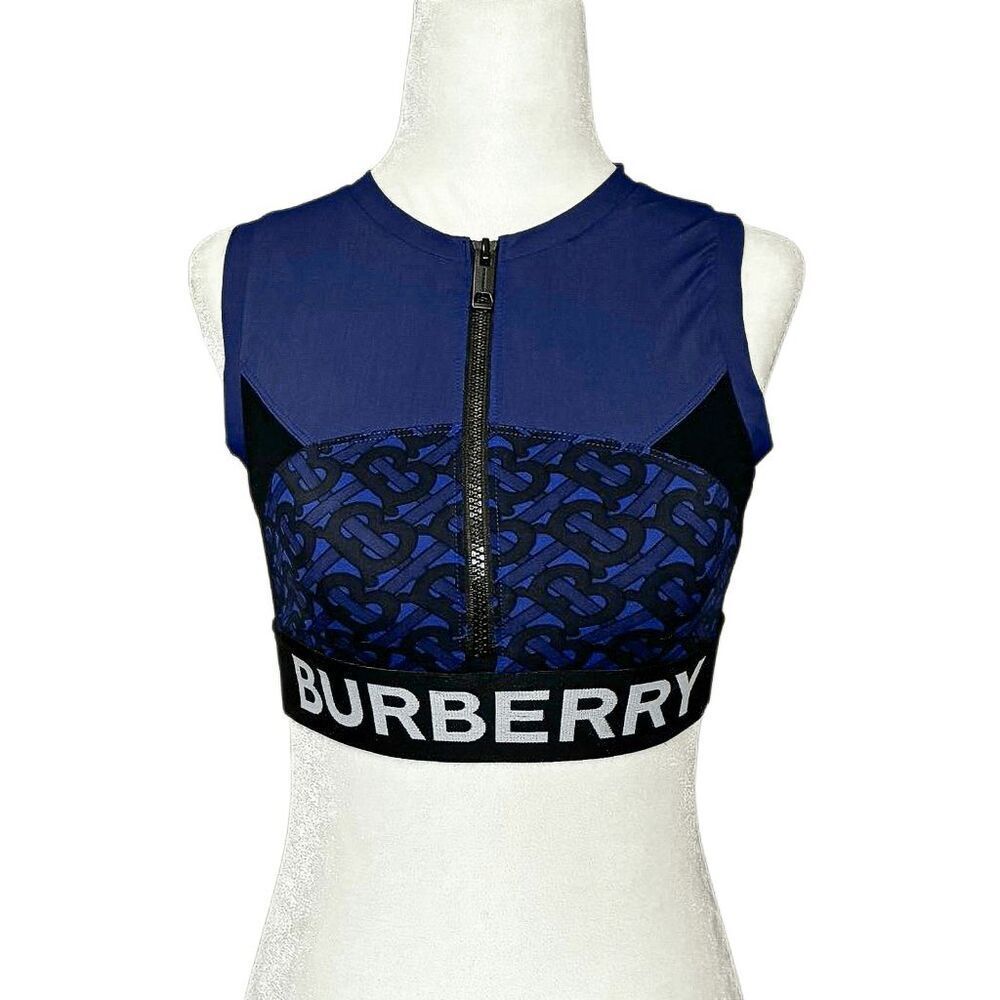 Burberry Quinn TB Monogram Zip Crop Top Sports Bra XS Blue Black Pullover Zip Up